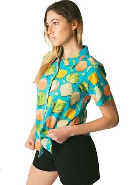KAVU Women’s Girl Party Shirt Bologfu Blue Medium Bologna Sandwich Print